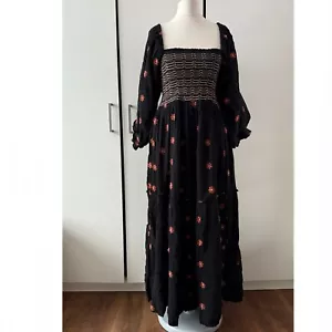 Free People Dahlia Embroidered Maxi Dress Tiered Smocked Black Combo XS - Picture 1 of 12
