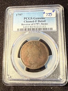 1797 DRAPED BUST HALF CENT REV OF 1797 STEMS PCGS GENUINE F DETAIL CLEANED - Picture 1 of 4