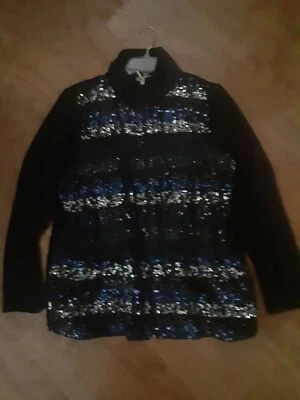 Quacker Factory Black Velour Sequined & Lace Collared Zip Jacket Size L NWOT - Image 1 of 4