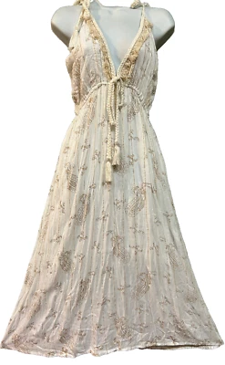 Nwt SACRED THREADS funky hippie gold paisley crinckled viscose lined DRESS S/M - Image 1 of 4