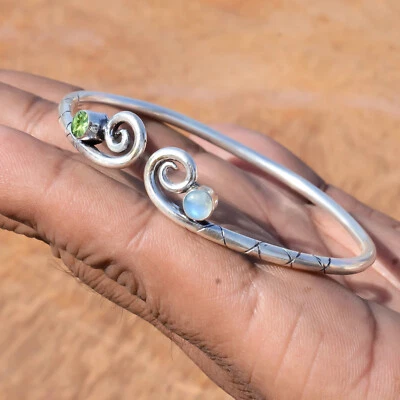 Moonstone & Peridot Cut Gemstone Cuff 925 Sterling Silver Bangle Best Gift Idea - Image 1 of 4