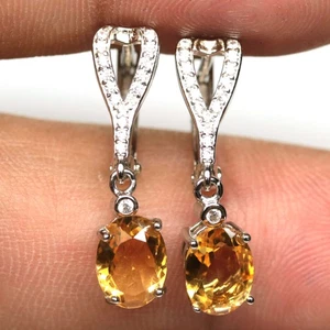 925 Sterling Silver 6 x 8 mm. Yellow Citrine & Zircon Earrings White Gold Plated - Picture 1 of 4