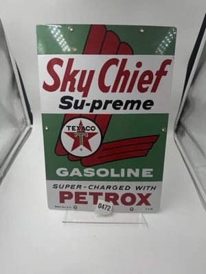 Antiguo letrero de placa de bomba de gas esmaltado Texaco Sky Chief Su-preme 1959 18 x 12 #2 Foto 1 de 2
