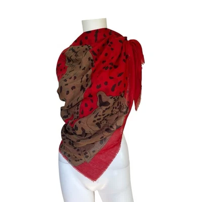 Bufanda cuadrada grande vintage lunares guepardo rojo maximalista colorido dobladillo crudo Foto 1 de 4