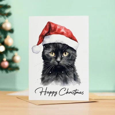 POSTCARD PRINTS Black Cat Christmas Card Santa Hat Fun Gift For Him Her Everyone