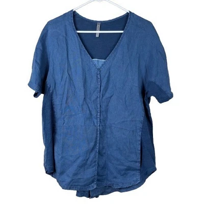 XCVI Blue Linen V-Neck Short Sleeve Split Back Top Size L Coastal Cottagecore - Image 1 of 4