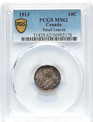 1913 SMALL LEAVES Ten Cents PCGS MS-62 ** Beautiful Choice BU King George V Dime - Image 1 of 3