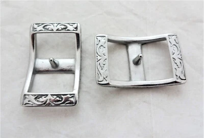 Par de hebillas Conway Jeremiah Watt acero inoxidable grabado floral caballo rienda tachuela Foto 1 de 2