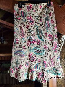 East 5th Womens Skirt Linen size 8 Petite Lined Paisley Floral Multicolor  Boho