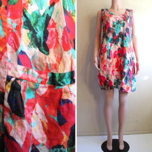 Foil 10 M Sleeveless Linen Floral Mini Tank Dress Asym Hem Red Aqua Pink Blue - Picture 1 of 10