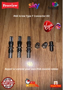 4 x RG6 F Connector Kit + Barrel Satellite Sky TV Aerial Virgin Media Coax Twist - Picture 1 of 3