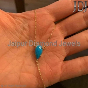 Solid 14k Yellow Gold Genuine Turquoise Gemstone Lariat Chain Necklace Jewelry - Picture 1 of 6