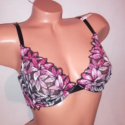 Sujetador Victoria Secret 32DD Corte Bajo Demi Negro Rosa Bordado Floral Encaje Transparente Foto 1 de 4