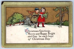 1916 BONTON ART CO CHRISTMAS GREETINGS HAPPY GAY BRIGHT THICK RIGID POSTCARD - Picture 1 of 2