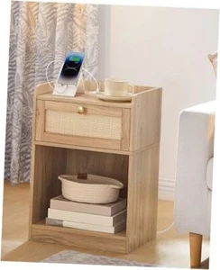Nightstand with Charging Station, Side Table with Rattan-Style Drawer and 1 Oak - Picture 1 of 7