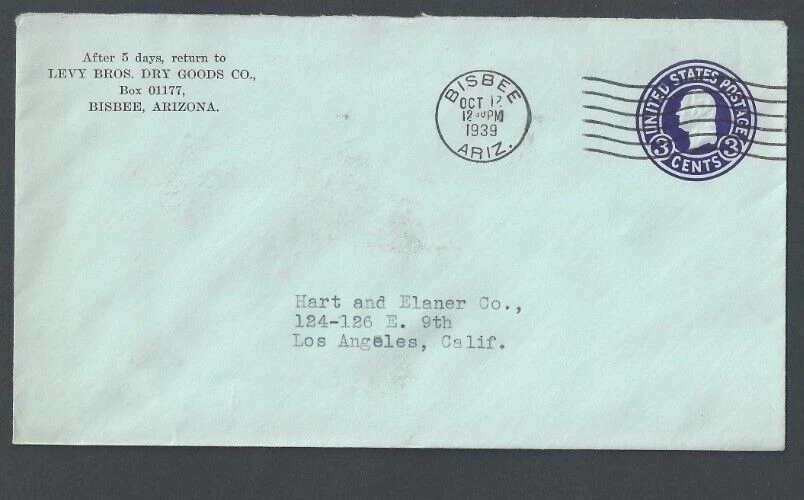 1939 Bisbee AZ 3c Purple Entire On Blue Cover - Image 1 of 1