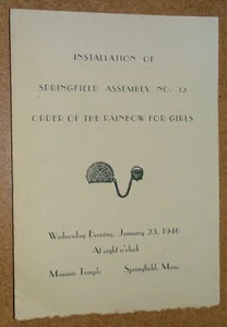 Springfield MA Orden des Regenbogens für Mädchen 1946 Programm (mit Bügelschild) - Bild 1 von 5