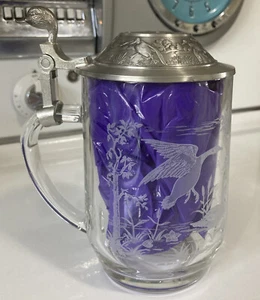 Vintage Glas Ente Zinn Deckel geätzt Bier Stein Becher Frankreich Deutschland - Bild 1 von 9