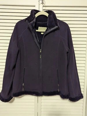 Womens Green Tea Purple Faux Fur Trim Full Zip Fleece Coat Medium Jacket - Image 1 of 4