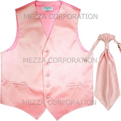 New Men's Tuxedo Vest Waistcoat Horizontal Stripes Ascot Cravat prom party Pink - Image 1 of 2