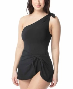 Coco Reef BLACK Rosaline One-Shoulder Tummy-Control Sarong Swim Dress 14/38D - Picture 1 of 12