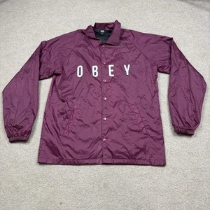 Obey Men's Windbreaker Size M Red Button Up Coach's Jacket Button Up Streetwear - Picture 1 of 10