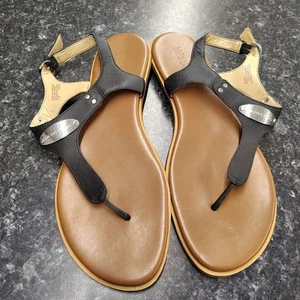 MK Logo Plate Thong Leather Sandal Michael Kors Black Women's SZ 11M - Picture 1 of 11