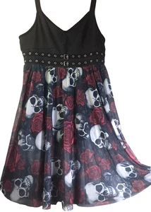 SKULL & ROSES KLEID XL Goth Halloween schwarz rot weiß integrierter SLIP fit & flare - Bild 1 von 18