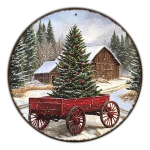 Letrero redondo de hojalata de metal de árboles de Navidad de granero vintage póster de hojalata F... - Imagen 1 de 6