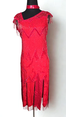 Vintage Sister Max 100% Silk Red Hand Beaded Flapper Style Dress + Scarf / Belt - Image 1 of 4