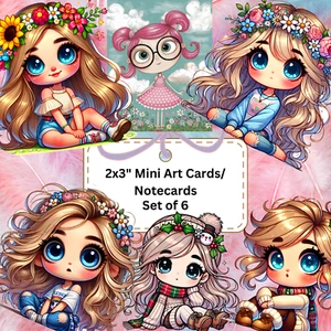 2x3" NIEDLICHES MÄDCHEN MIT GROSSEN AUGEN * 6 Karten Set * MINI NOTIZKARTE * Junk Journal Kunstkarten - Bild 1 von 6