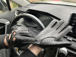 Herren Fahrer Lederhandschuhe schwarz Hirschfell Handschuhe Handarbeit - Bild 1 von 3