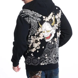 Mens Jacket Hoodie Japanese Pattern Embroidery Sweatshirt Devil Hannya Dragon - Picture 1 of 7