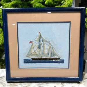 Schooner In Full Sail Framed Cross Stitch Picture Sailboat Ship Hand-crafted - Picture 1 of 8