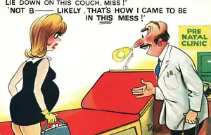 COMIC RUDE RISQUE BAMFORTH DOCTOR TELLS PREGNANT LADY to LIE on COUCH POSTCARD - Bild 1 von 2