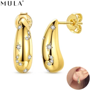 MULA 925 Sterling Silver Golden Star Moon AAA CZ Hoop Earrings for Women Jewelry - Picture 1 of 5