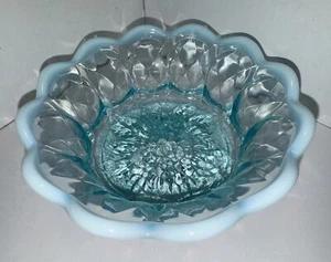 Fenton blau opalisierend Süßigkeiten Nuss Schale Glas Schale Trauben Rautenmuster 6" signiert - Bild 1 von 10