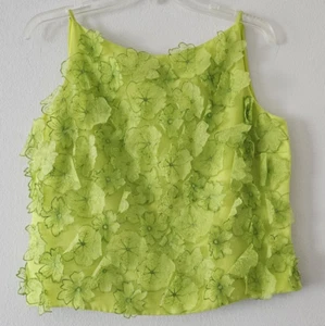 Womens Lime Green 3D Flower Embroidery Tulle Sleeveless Top 8 Silk Summer Floral - Picture 1 of 14
