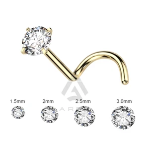 Gold Nose Stud Titanium Screw Curved Hook With Prong Set Clear Gem 20G - Picture 1 of 6
