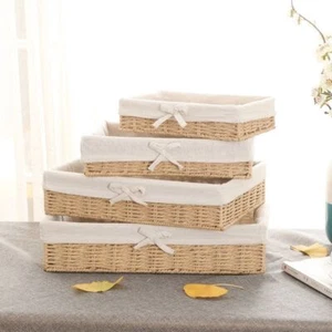 Rectangular Handmade Rattan Storage Baskets Bow Weaving Storage Tray Bread - Picture 1 of 14