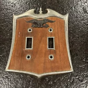Vtg Dilly Mfg American Eagle 2 Gang Double Switch Wall Cover Plate Metal Wood - Picture 1 of 4