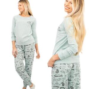 M&S Pyjama Womens Cat Green Grey Nightwear Jersey Long Sleeve PJ Embroidered 