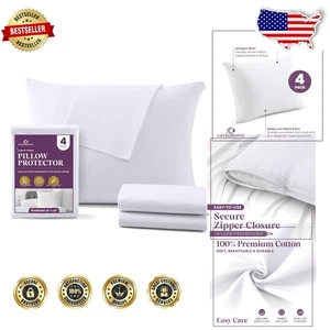 4-Pack Standard Cotton Pillow Protectors - 200 TC Breathable Zippered Cases - Picture 1 of 11