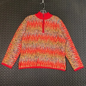 Vintage Marcazzani Italy Sweater 80s 90s Wool Red Multicolor Knit Half Zip L - Picture 1 of 10