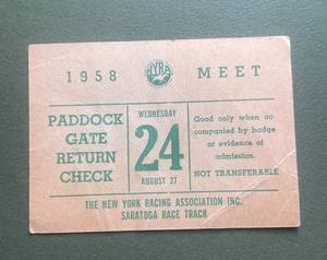 Vintage Saratoga Race Track NYRA Paddock Ticket 1958 Meet 1950s Racing Ephemera - Bild 1 von 2