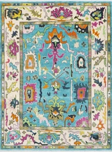 Bohemian Oushak Blue Oriental Handmade 8x10 Traditional Turkish Wool Carpet - Picture 1 of 5
