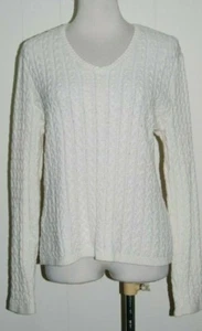 Talbots Petites Cotton Blend Ivory V Neck Cable Knit Long Sleeve Sweater L LP - Picture 1 of 5