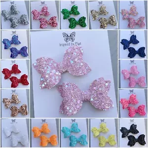 2x Hair Clips Girls Bow Hair Accessories Leather Glitter Piggy Tail Pigtail Bow - Picture 1 of 45