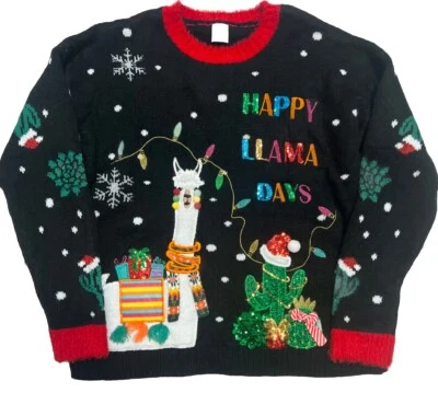 Suéter Feo Navidad Mujer Holiday Time Negro “Happy Llama Days” Grande 12-14 Foto 1 de 4