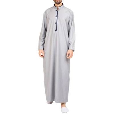 Hombre Gris Thobe Islámico Jubba Bata Musulmán Eid Cuello Alto - Imagen 1 de 4